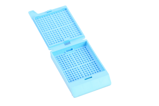 blue biopsy cassettes with hinged lids