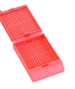 red biopsy cassettes with hinged lids