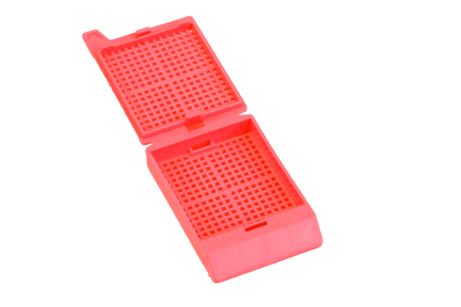 red biopsy cassettes with hinged lids