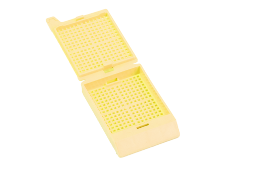 yellow biopsy cassettes with hinged lids