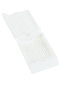 white biopsy cassette with hinged lid