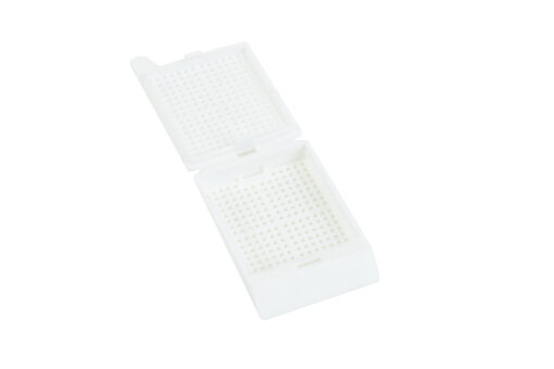 white biopsy cassette with hinged lid