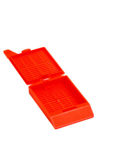 red slotted cassette with moulded hinged lid